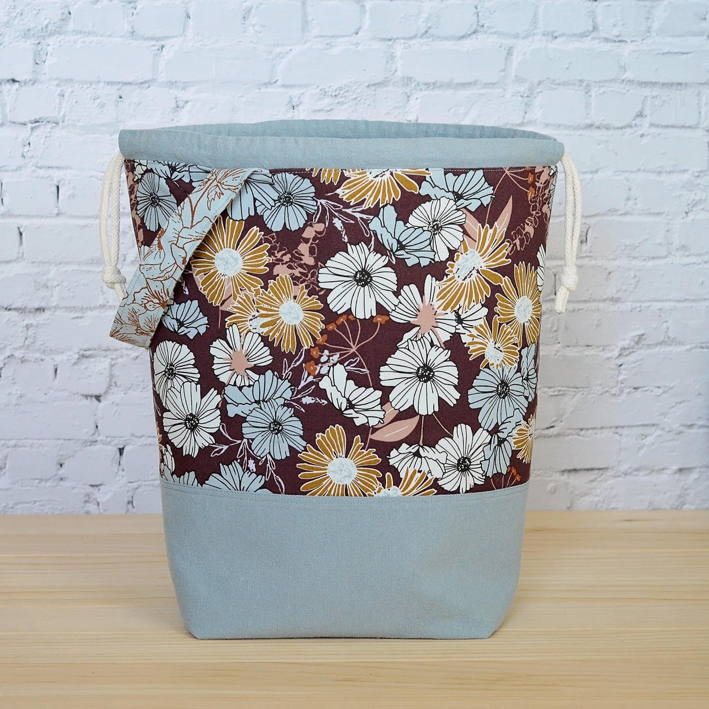 Large knitting bag with pockets and grab handle, made in beautiful floral fabric.  Made by Yellow Petal Handmade in Canada.