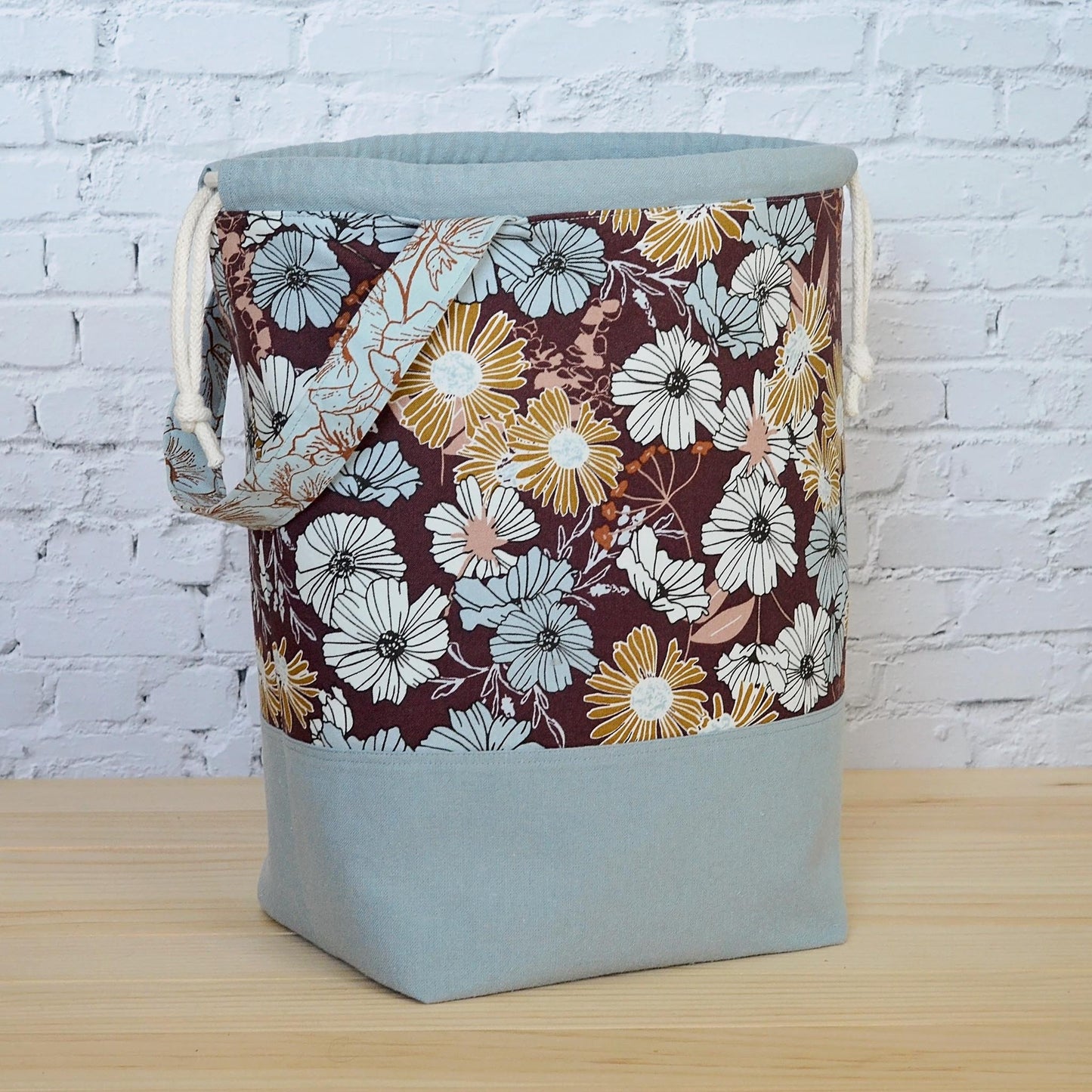 Large knitting bag with pockets and grab handle, made in beautiful floral fabric.  Made by Yellow Petal Handmade in Canada.