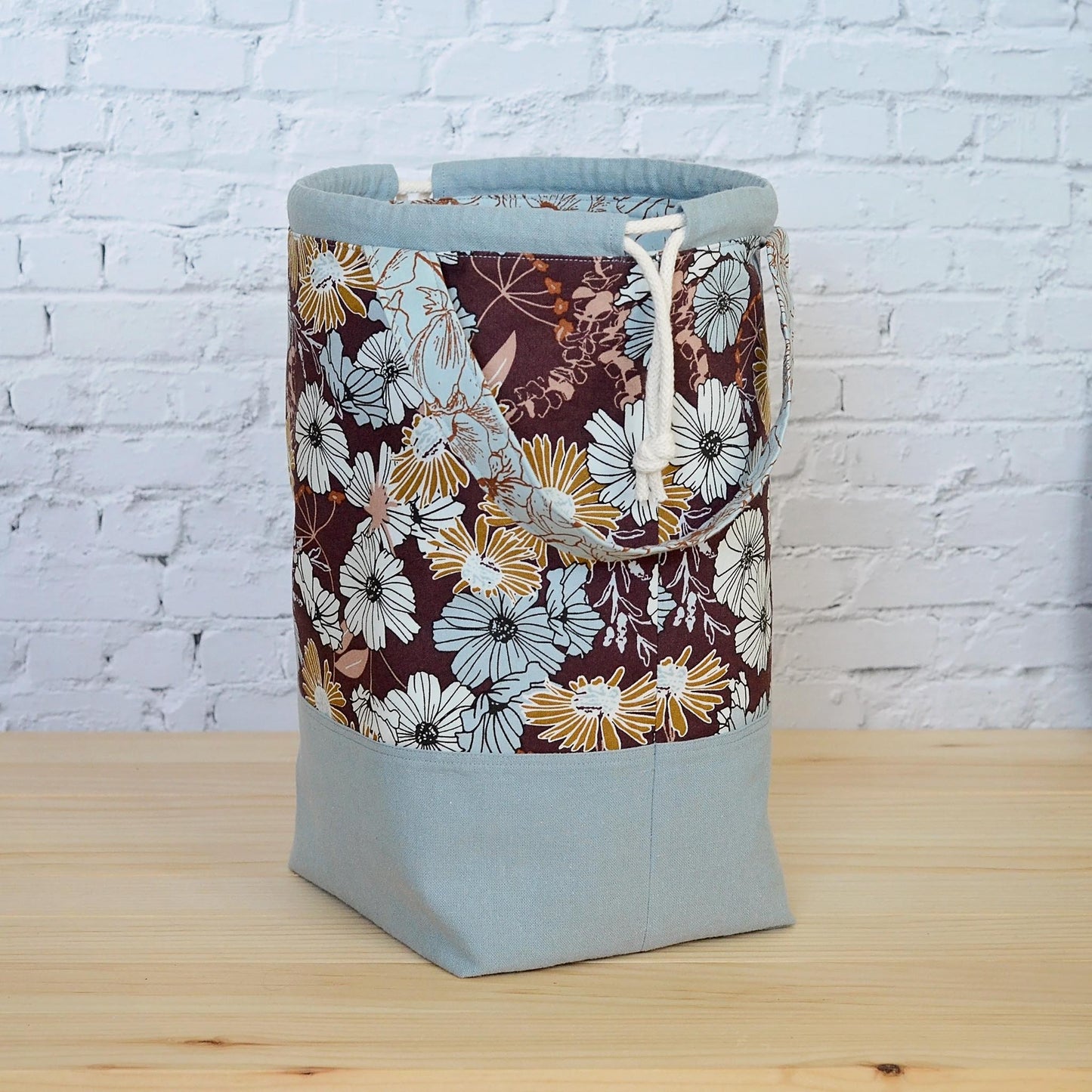 Large knitting bag with pockets and grab handle, made in beautiful floral fabric.  Made by Yellow Petal Handmade in Canada.