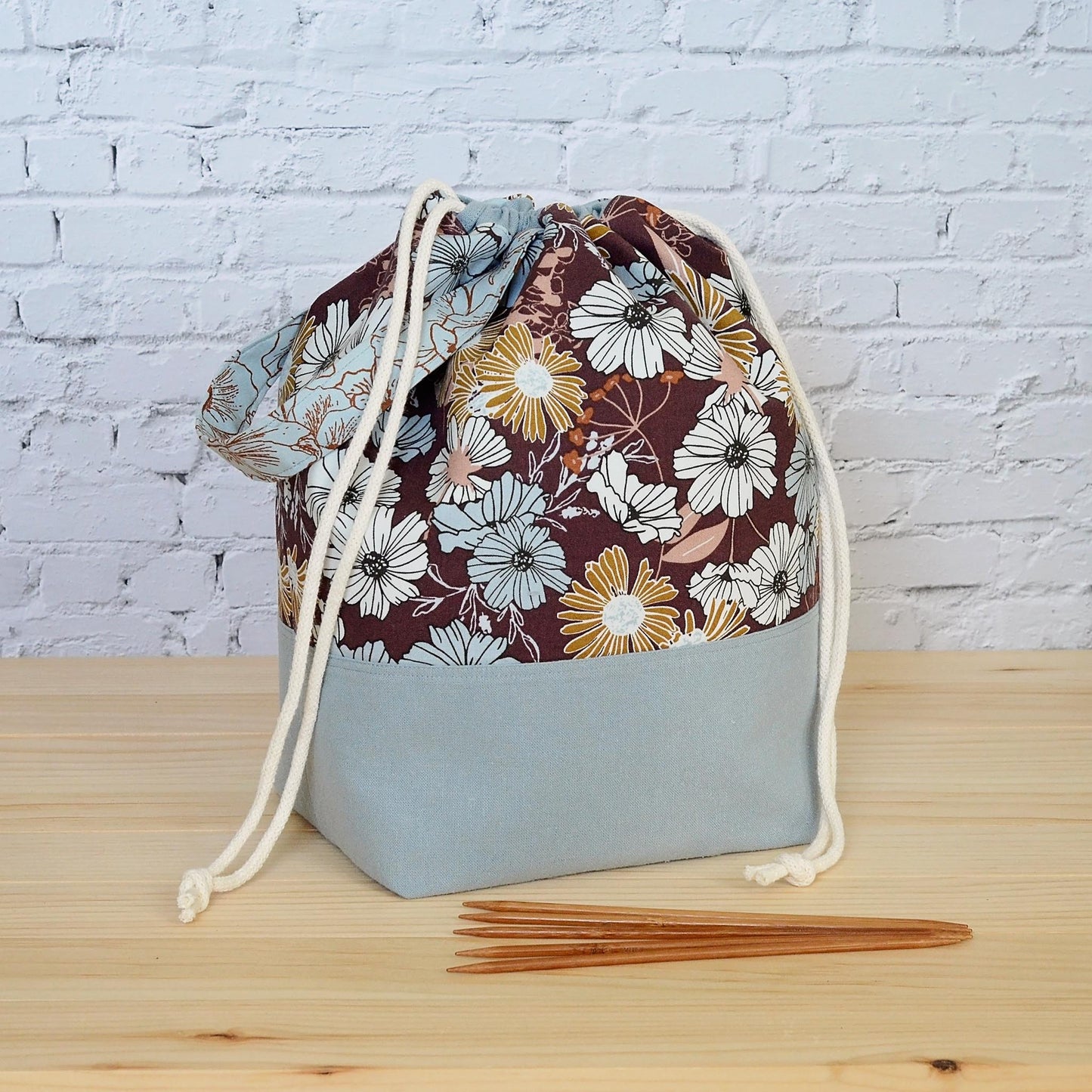 Large knitting bag with pockets and grab handle, made in beautiful floral fabric.  Made by Yellow Petal Handmade in Canada.