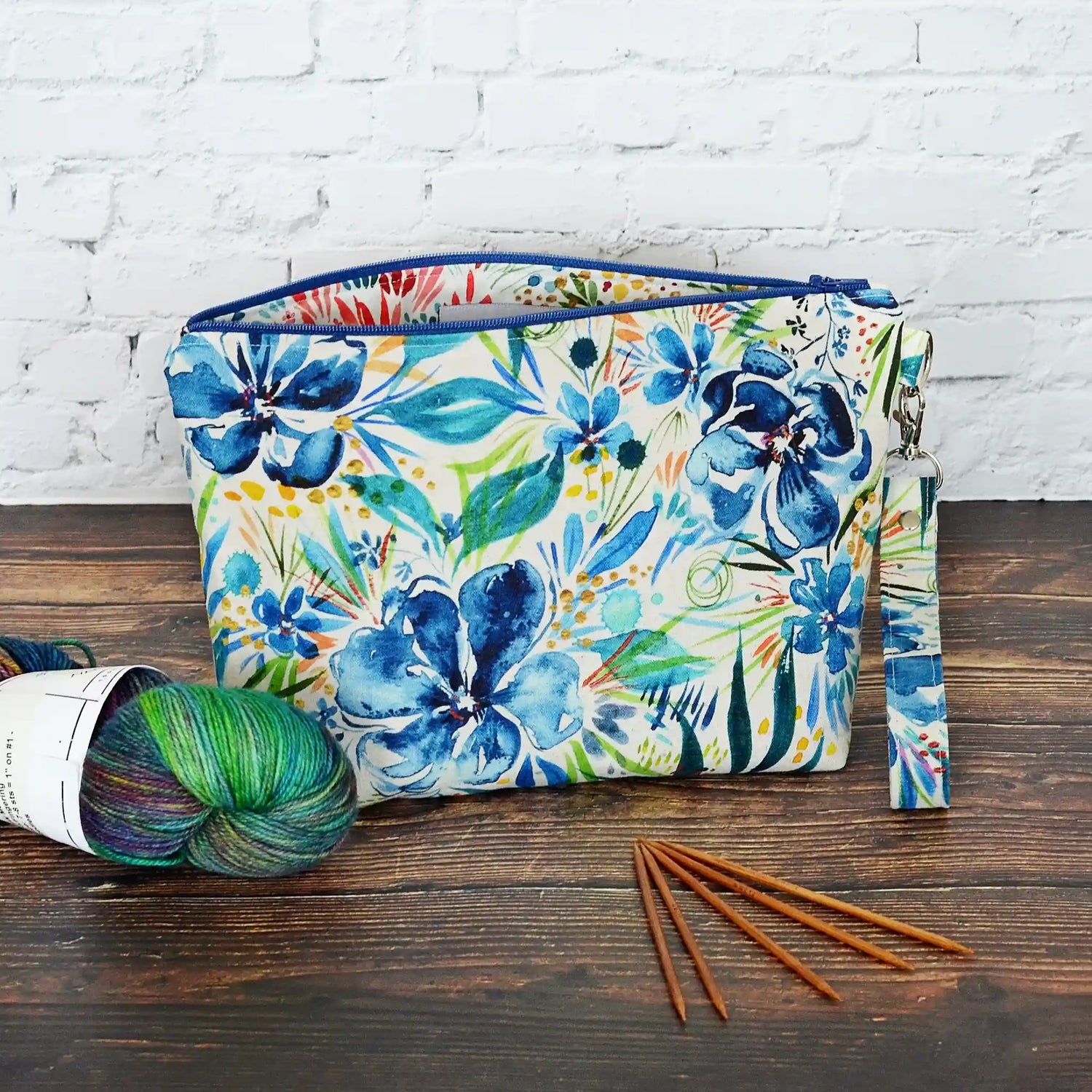 Watercolour print canvas zippered bag in blues and greens on natural canvas.  Made in Nova Scotia, Canada by Yellow Petal Handmade.