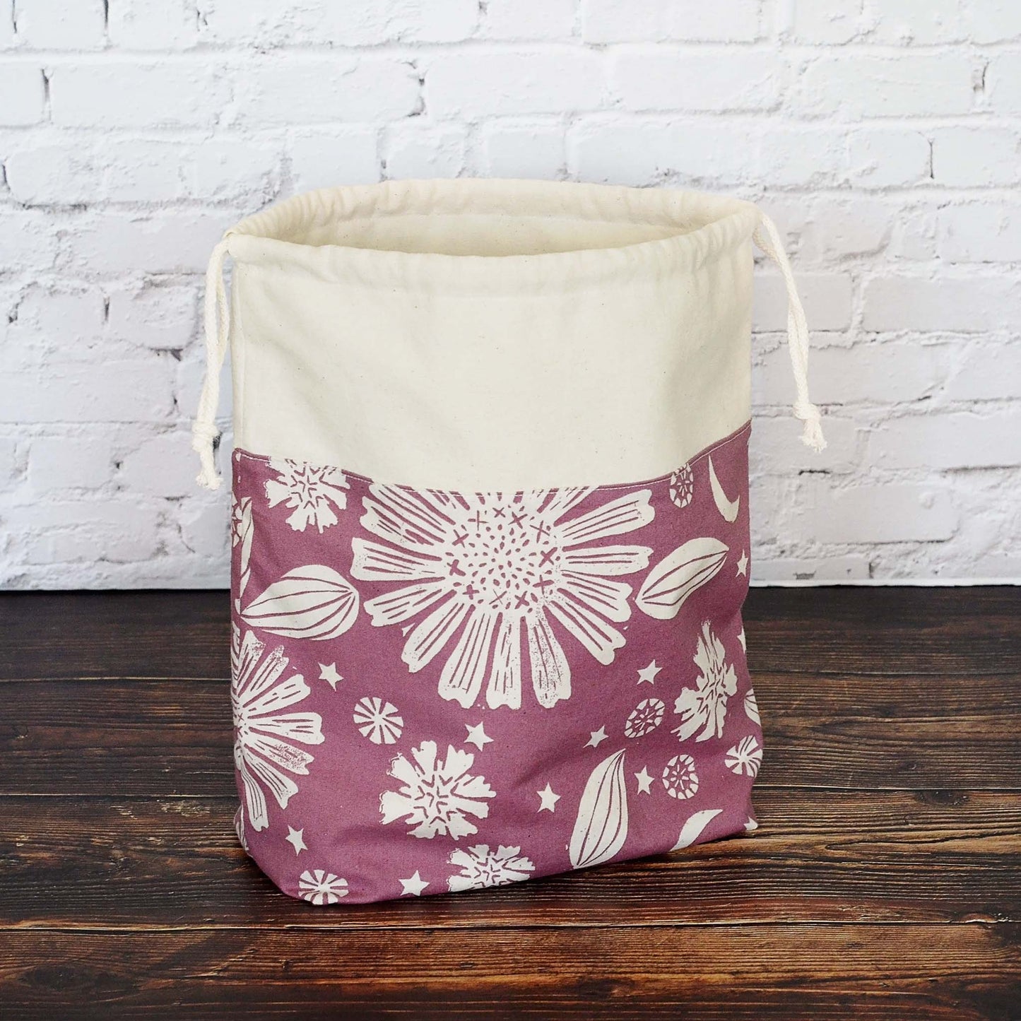 Purple foldable work in progress bag with drawstring.  Made in Canada by Yellow Petal Handmade.  On sale.