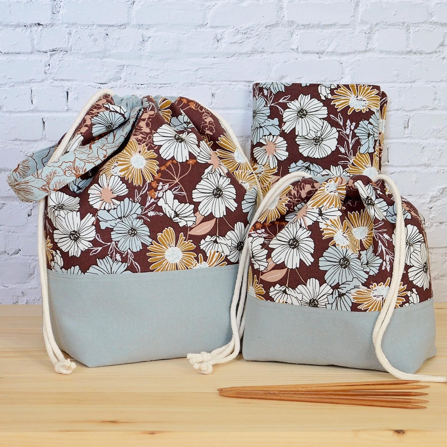 Large knitting bag with pockets and grab handle, made in beautiful floral fabric.  Made by Yellow Petal Handmade in Canada.