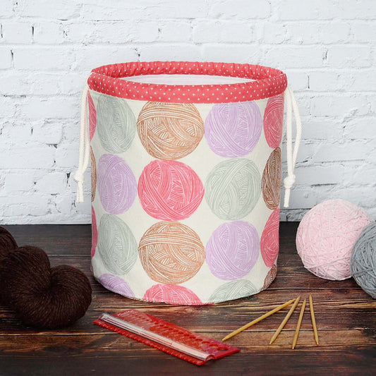 Canvas Bucket Style Project bag in Pretty Yarn Ball Canvas.  Made in Canada by Yellow Petal Handmade.